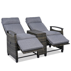 Terrace Lounge Chair Double Sofa, Adjustable Backrest Willow Outdoor Leisure Chair Set