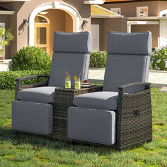 Terrace Lounge Chair Double Sofa, Adjustable Backrest Willow Outdoor Leisure Chair Set